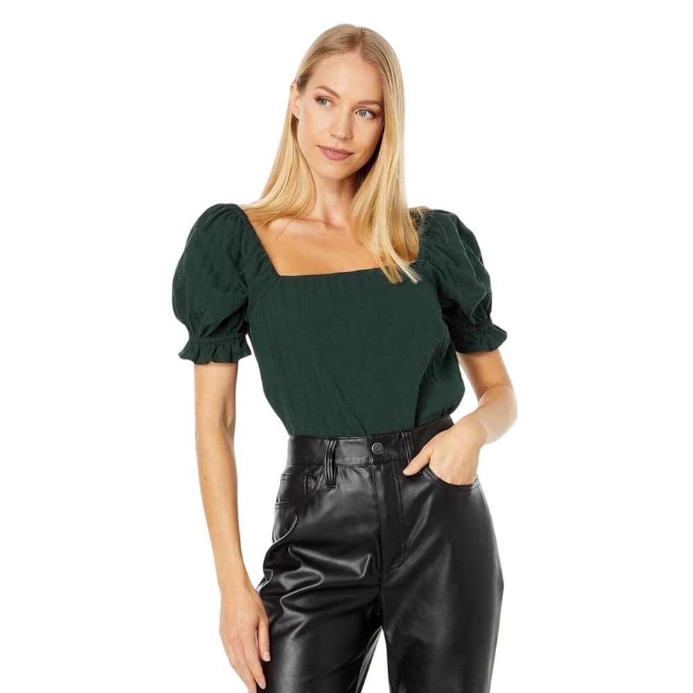 Madewell Dark Greenā Puff Sleeve Smocked Back Square Neck Top Small Textured